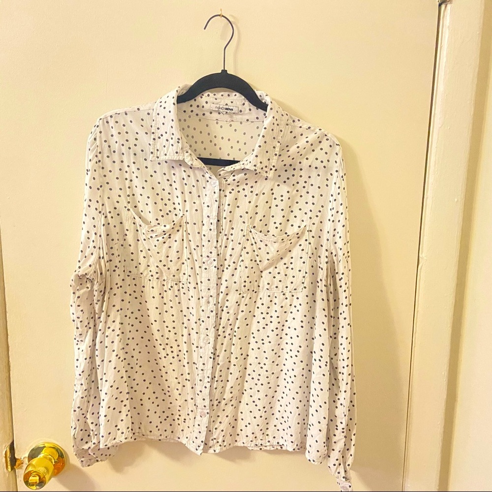 Long-Sleeved White w/ Black Polka Dot Blouse by FashionNova